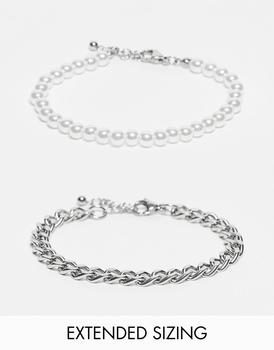 商品ASOS DESIGN 2 pack stainless steel bracelet in silver tone and faux pearl图片