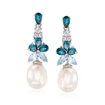 Ross-Simons | Ross-Simons 8.5-9mm Cultured Pearl and Blue and White Topaz Drop Earrings in Sterling Silver商品图片,5.1折