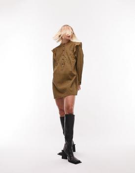 Topshop | Topshop textured check frill mini shirt dress in mustard商品图片,