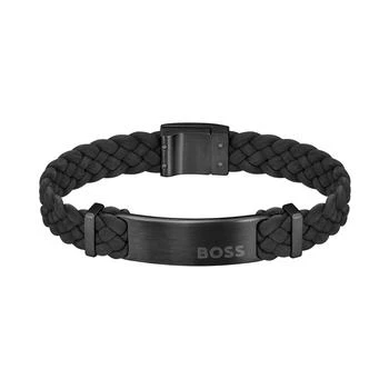 Hugo Boss | Men's Dylan Ionic Plated Black Steel Black Leather Bracelet,商家Macy's,价格¥782