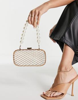 ASOS | ASOS DESIGN caged clutch bag with pearl beaded handle in gold商品图片,额外9.5折, 额外九五折