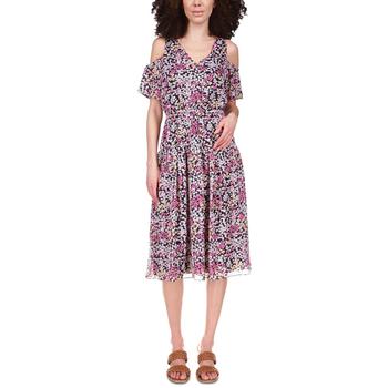 mk连衣裙, Michael Kors | Metallic Floral-Print Cold-Shoulder Midi Dress, Regular & Petite商品图片 3.9折