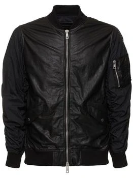 Wrinkled Leather & Nylon Bomber Jacket
