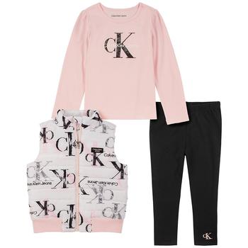 Calvin Klein | Little Girls Monogram Puffer Vest, T-shirt and Solid Leggings Set, 3 Piece商品图片,