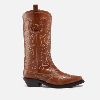 推荐Ganni Mid-Rise Embroidered Leather Western Boots商品