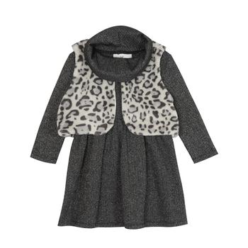推荐Toddler Girls Cowl Neck Dress and Animal Print Fur Vest商品