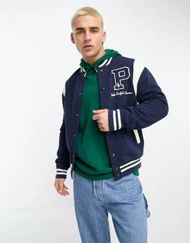 推荐Polo Ralph Lauren x ASOS exclusive collab varsity bomber jacket sweat in navy with logo商品