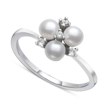 商品Cultured Freshwater Button Pearl (4mm) & Lab-Created White Sapphire (1/10 ct. t.w.) Trillium Ring in Sterling Silver图片