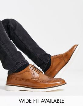 asos design, ASOS | ASOS DESIGN brogue shoe in light tan leather on white wedge sole商品图片 