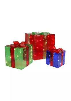 推荐Set of 3 Red and Green Lighted Gift Box Outdoor Patio Christmas Decor 10Inch商品