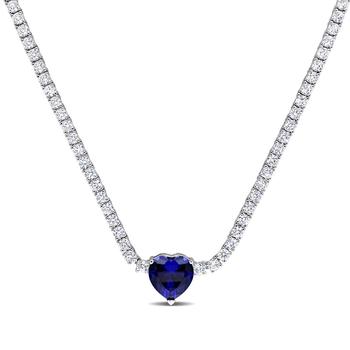 商品Amour 18 CT TGW Created Blue Sapphire Heart Center & Created White Sapphire Necklace Silver White Box Clasp Length (inches): 15图片