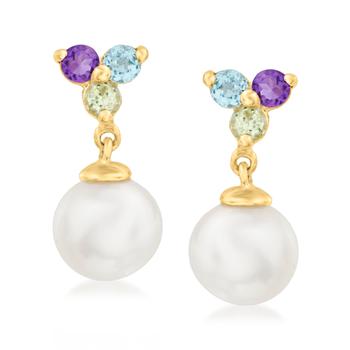 Ross-Simons | RS Pure by Ross-Simons 5.5-6mm Cultured Pearl and . Multi-Gemstone Drop Earrings in 14kt Yellow Gold商品图片,7折