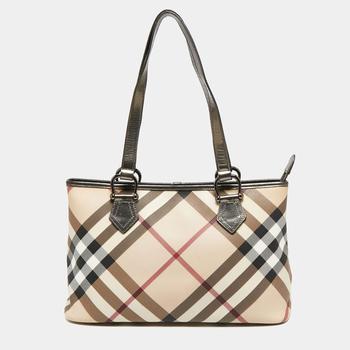 burberry托特包, [二手商品] Burberry | Burberry Metallic/Beige Nova Check PVC and Patent Leather Top Zip Tote商品图片 8.2折, 满1件减$100, 满减