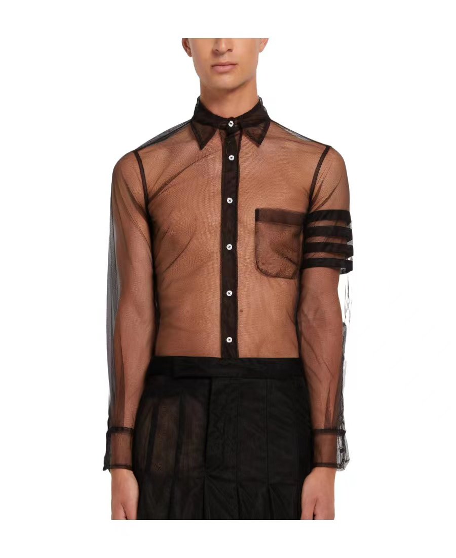 thom browne衬衫新款, Thom Browne | THOM BROWNE 男士黑色透明薄纱衬衫 MWL333A-07290-001商品图片 独家减免邮费