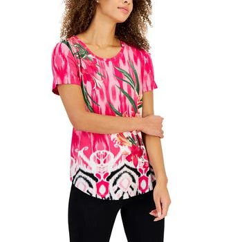推荐Women's Palm-Print Ikat Short-Sleeve Top, Created for Macy's商品