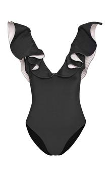 商品Andres Otalora - Women's Curandero Ruffled Swimsuit - Black/white - Moda Operandi图片