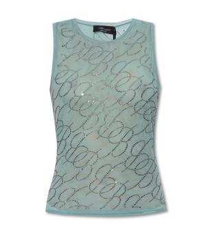 BLUMARINE | Blumarine Monogram Rhinestone Embroidered Sheer Sleeveless Top商品图片,8.1折起