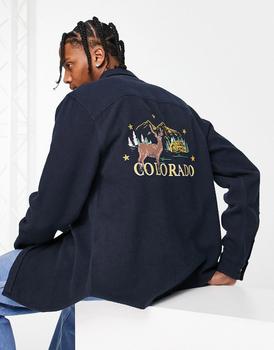 ASOS | ASOS DESIGN overshirt in navy with city back print商品图片,