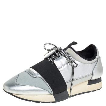 推荐Balenciaga Silver Leather And Knit Fabric Race Runner Low Top Sneakers Size 38商品