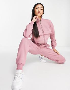 asos design, ASOS | ASOS DESIGN brushed fleece half zip jogger jumpsuit in dusky rose商品图片 4.5折起