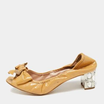 推荐Miu Miu Beige Patent Leather Bow Crystal Studded Heel Peep-Toe Pumps Size 38商品