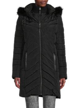 DKNY | Faux Fur Trim Chevron Quilted Parka商品图片,3.8折