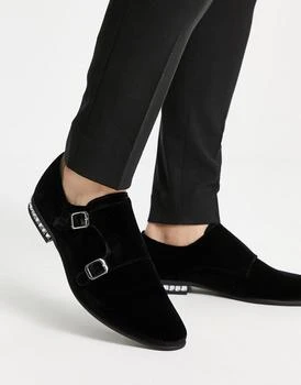 推荐ASOS DESIGN double monk strap shoes in black velvet with diamante heel商品