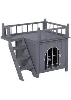 PawHut | 2 Level Elevated Waterproof Outdoor Wooden Treehouse Cat Shelter With Balcony Grey,商家Belk,价格¥852