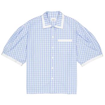 burberry衬衫, Burberry | Pale Blue Gingham Cotton Puff-sleeve Oversized Shirt商品图片 6.9折