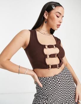 product The Ragged Priest ribbed crop vest top with plunge ring front detail in brown image
