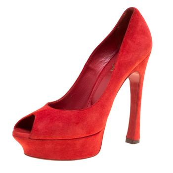 ysl高跟鞋价格, [二手商品] Yves Saint Laurent | Saint Laurent Red Suede Palais Platform Peep Toe Pumps Size 40商品图片 2.4折