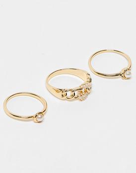 商品DesignB London Curve | DesignB London Curve pack of 3 pearl rings in gold,商家ASOS,价格¥68图片