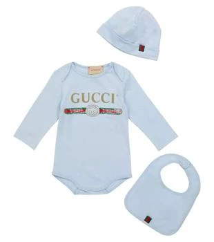 Gucci | Baby logo cotton bodysuit, hat and bib set 独家减免邮费