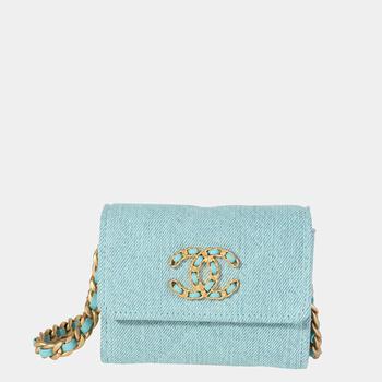 chanel包, [二手商品] Chanel | Chanel Blue Denim Chanel 19 Coin Pouch Chain Wallet商品图片 