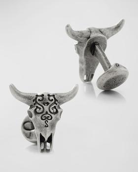 商品Men's Antique Stainless Steel Carved Cow's Skull Cufflinks图片
