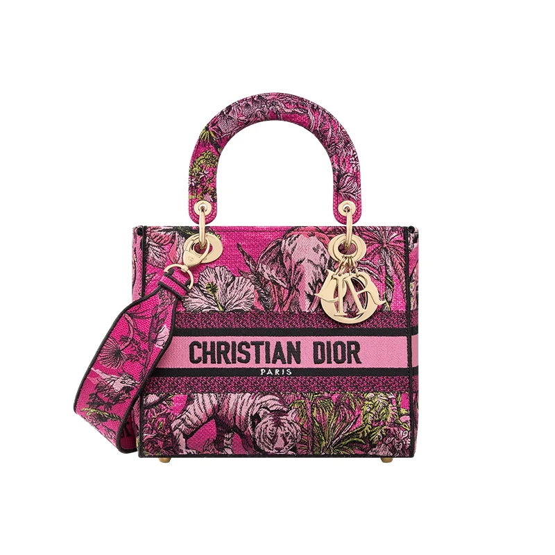 Dior | 迪奥 23新款 D-LITE女士中号多彩紫红色经典刺绣帆布标志斜挎包/手提包 M0565OEUP_M75E 7.3折×额外9.8折, 包邮包税, 额外九八折