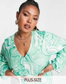 推荐Collective the Label Curve exclusive balloon sleeve crop top co-ord in green swirl print商品