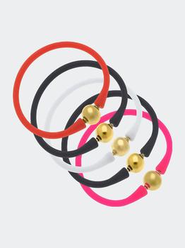 商品Bali 24K Gold Silicone Bracelet Spinderella Stack Of 5 In Orange, Black, White & Neon Pink图片