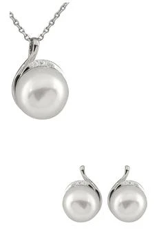 Splendid Pearls | Rhodium Plated Sterling Silver 9-10mm Cultured Freshwater Pearl Necklace & Earrings 2-Piece Set 独家减免邮费