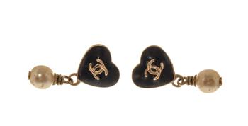 [二手商品] Chanel | Chanel Black Heart CC Dangle Pearl Earrings商品图片,