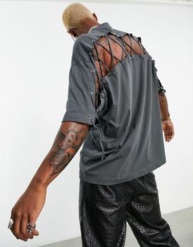 推荐ASOS DESIGN oversized t-shirt with back lattice and eyelets in washed black商品