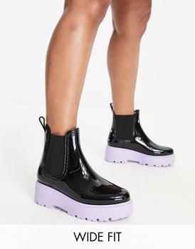 ASOS | ASOS DESIGN Wide Fit Gadget chunky chelsea wellies in black with lilac sole商品图片,