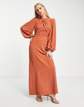 ASOS | ASOS DESIGN maxi tea dress with ring detail and balloon sleeves in rust商品图片,