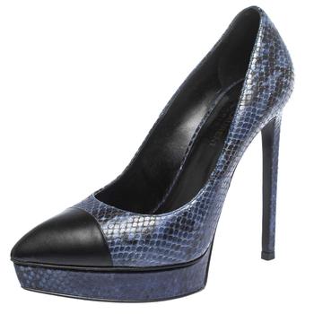 ysl高跟鞋价格, [二手商品] Yves Saint Laurent | Saint Laurent Blue/Black Snake Embossed Leather Janis Cap Toe Platform Pumps Size 38商品图片 2.3折