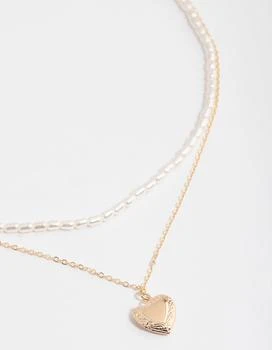 推荐Gold Double Row Pearl Chain & Heart Locket Necklace商品