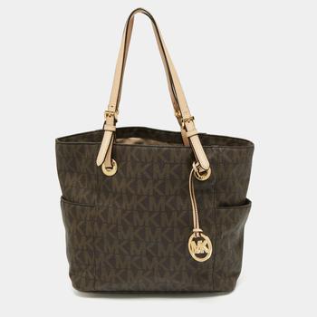 michael kors tote托特包, [二手商品] Michael Kors | MICHAEL Michael Kors Brown/Beige Signature Coated Canvas and Leather Jet Set Tote商品图片 7.6折