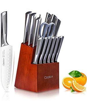 商品Cookit | Cookit 15-Piece Stainless Steel Hollow Handle Kitchen Chef Knives Set With Wooden Block Holder And Manual Sharpener,商家Verishop,价格¥732图片