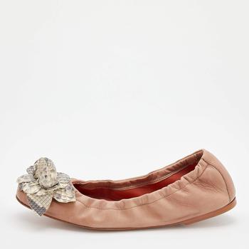 推荐Santoni Beige Leather And Python Flower Bow Scrunch Ballet Flats Size 37商品