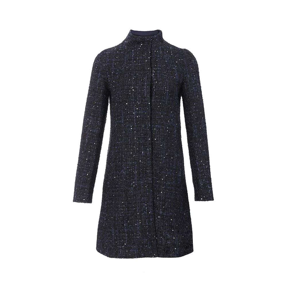 推荐EMPORIO ARMANI 女式黑色小香风蓝色细节立领中长款大衣外套 3H2L80-2NWIZ-F901商品