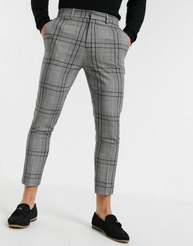 紧身裤男新款, New Look | New Look skinny cropped smart trousers in grey check商品图片 5折